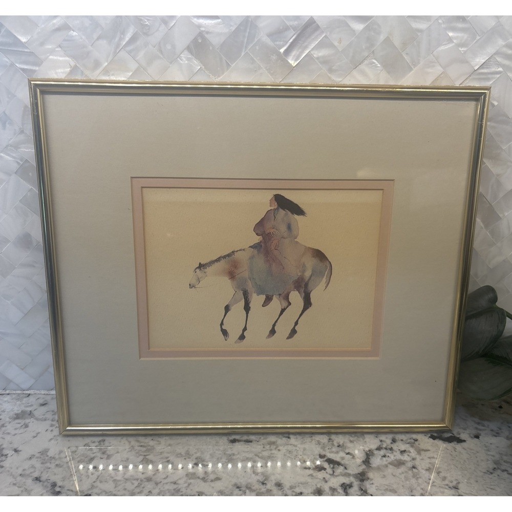 VTG Carol Grigg earth healer Native American Watercolor‎ Print Horse Framed
